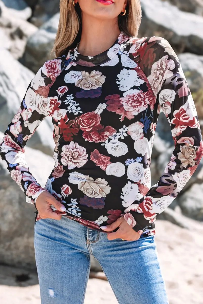 Pink Mesh Floral Print Mock Neck Long Sleeve Slim Top - Love Salve